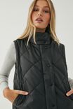 Vegan Leather Quilted Puffer Vest, BLACK