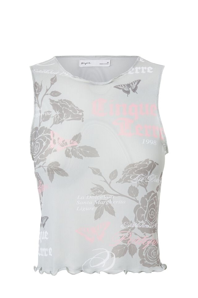 Mesh Graphic Tank, DOVE GREY/BUTTERFLY COLLAGE