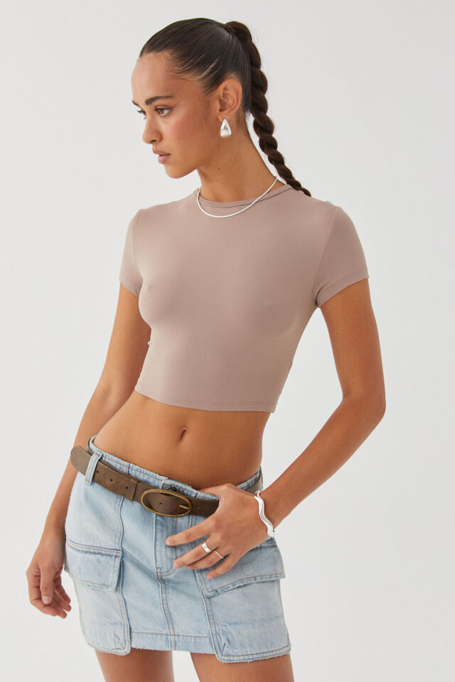 Luxe Cropped Short Sleeve Top, TOFFEE TAUPE