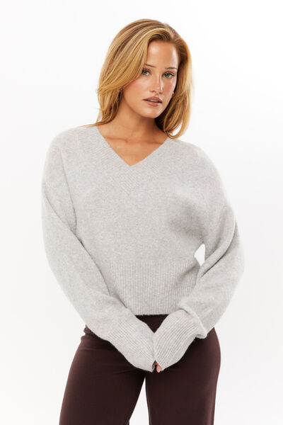 Ginny V Neck Knit Jumper, GREY MARLE
