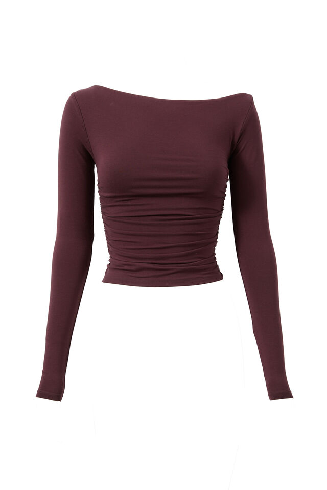 Soft Long Sleeve Off Shoulder Top, CHOC CHERRY