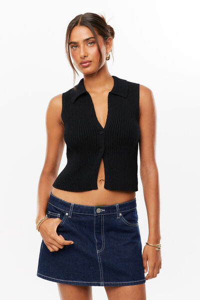 Olivia Collared Knit Vest, BLACK