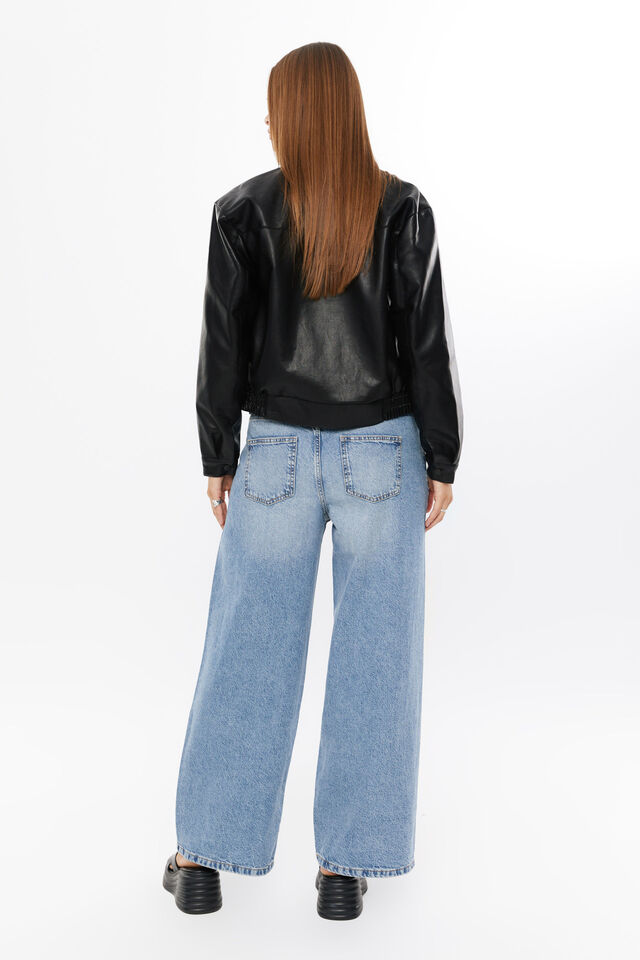 Asher Faux Leather Bomber Jacket, BLACK