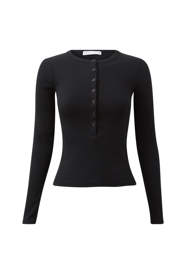 Harriet Henley Long Sleeve Top, BLACK