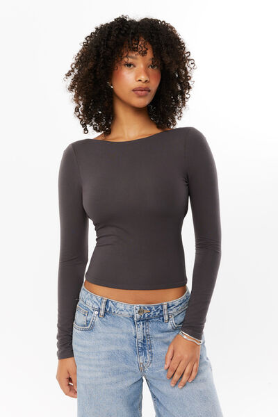 Ivy Backless Long Sleeve Top, CHARCOAL