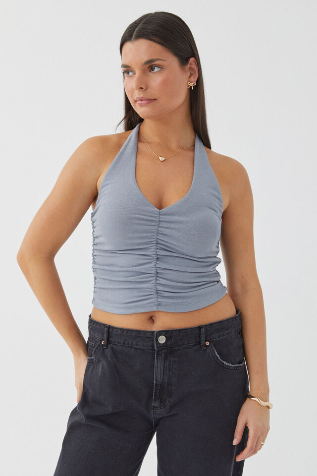 Rami Ruched Halter Top, BLUE GREY