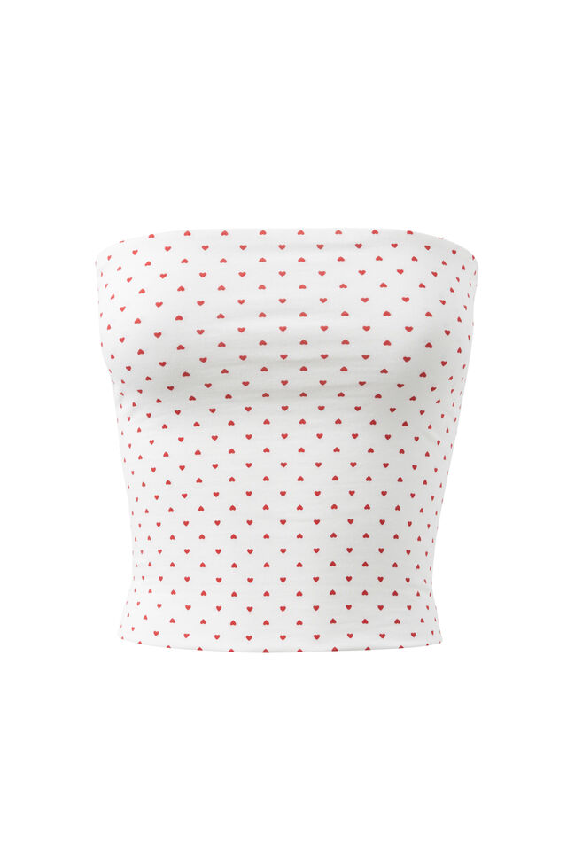 Cotton Longline Tube Top, MICRO HEART WHITE RED