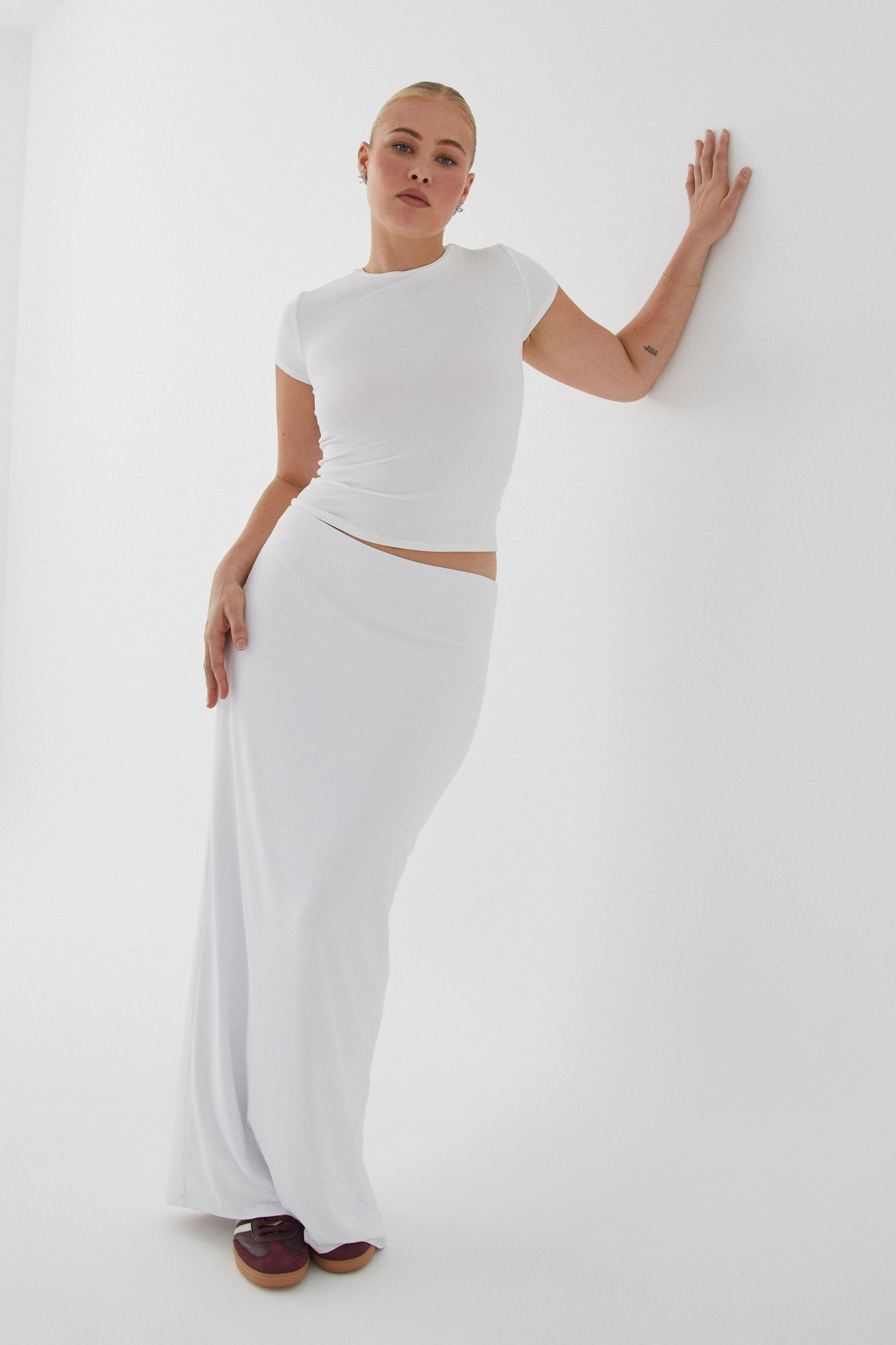 White maxi skirt tight top