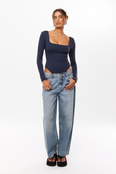 Luxe Square Neck Long Sleeve Bodysuit, NAVY LEAGUE