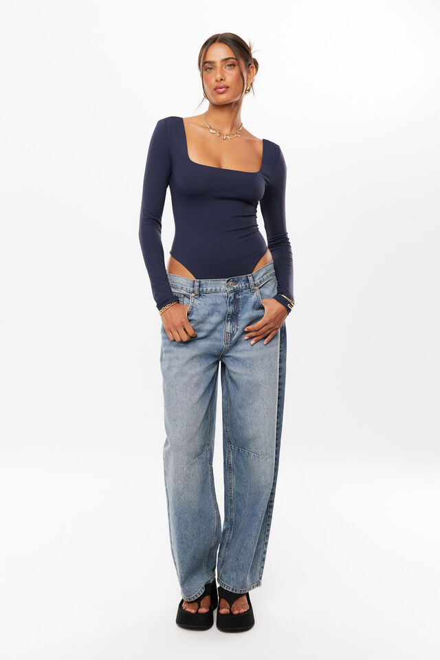 Luxe Square Neck Long Sleeve Bodysuit, NAVY LEAGUE