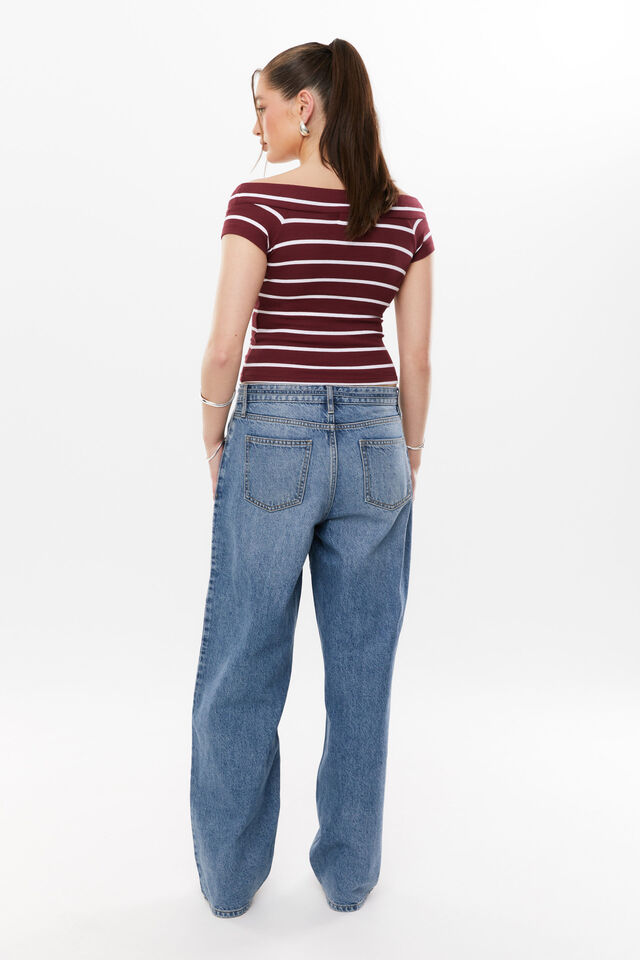 Bianca Off Shoulder Top, DARK PLUM/WHITE STRIPE