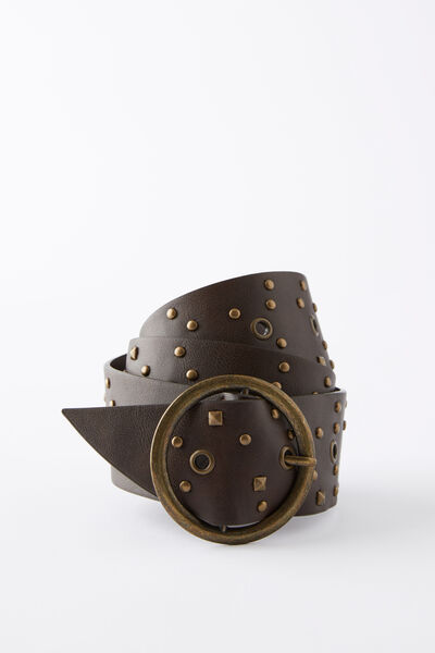 Wide Studded Eyelet Belt, CHOC/BRUSHED GOLD