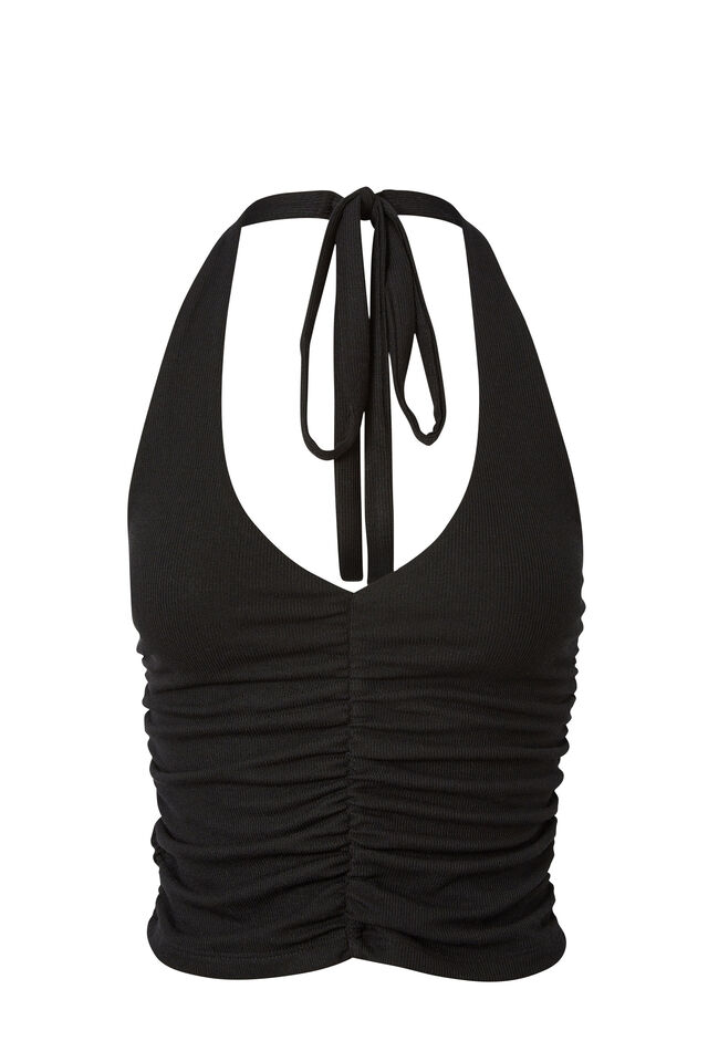 Rami Ruched Halter Top, BLACK