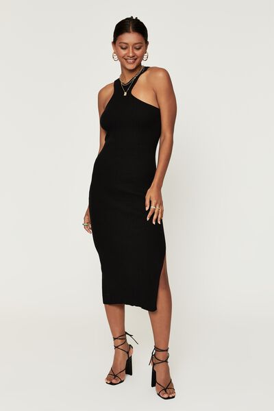 Issey Asymmetrical Midi Dress, BLACK