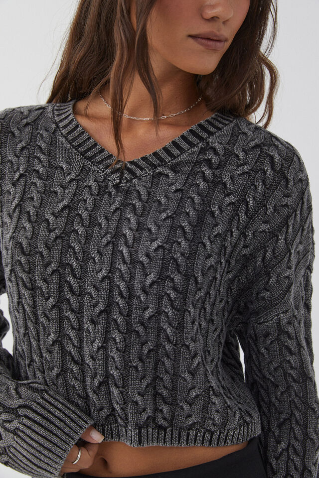 Leila Cable Knit Jumper, WASHED BLACK