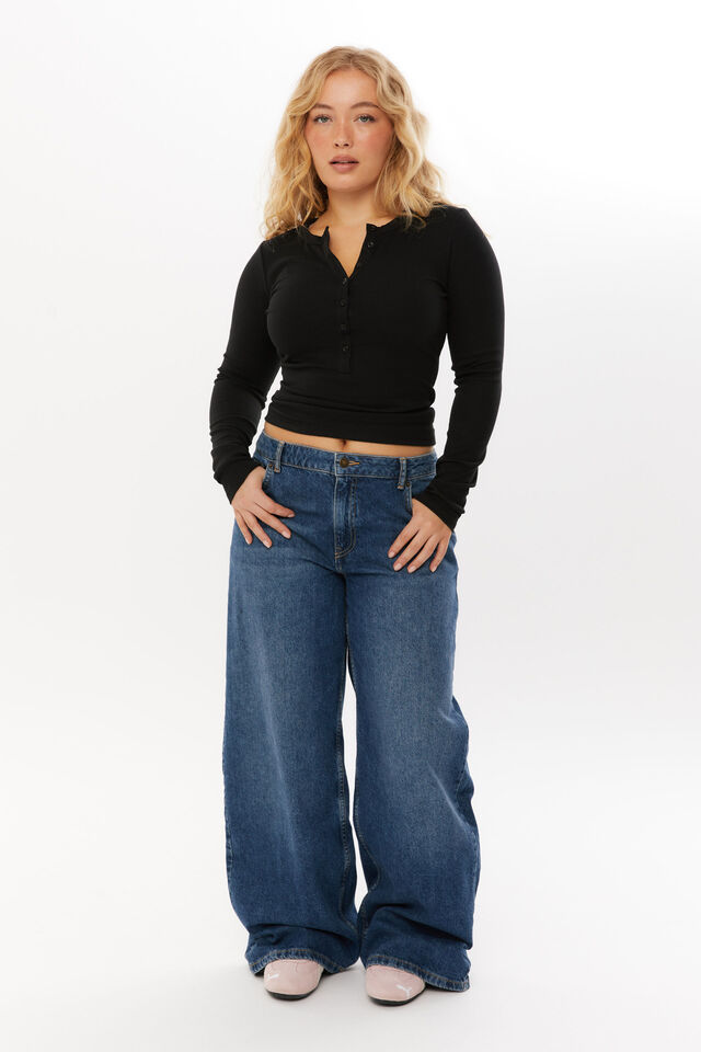 Harriet Henley Long Sleeve Top, BLACK