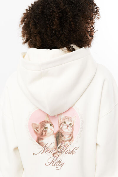 Ella Oversized Fleece Hoodie, COSY CREAM/NEW YORK KITTY