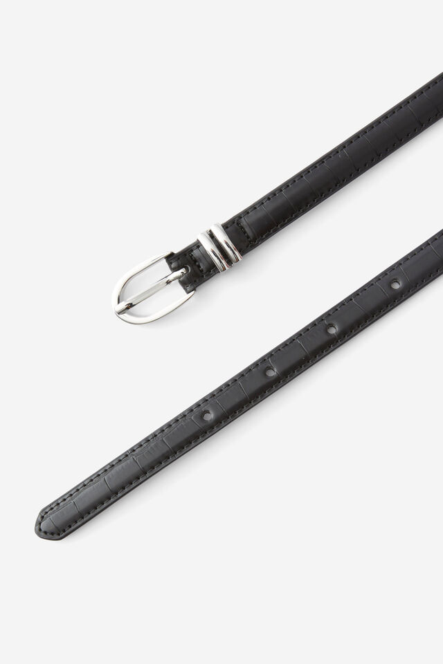 Lena Thin Faux Croc Belt, BLACK/SILVER