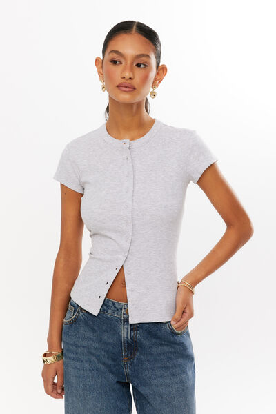 Lexy Rib Button Through Tee, GREY MARLE