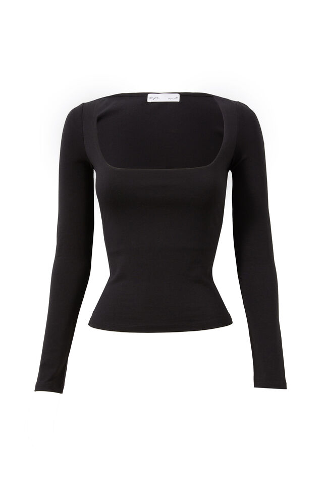 Elodie Square Neck Long Sleeve Top, BLACK