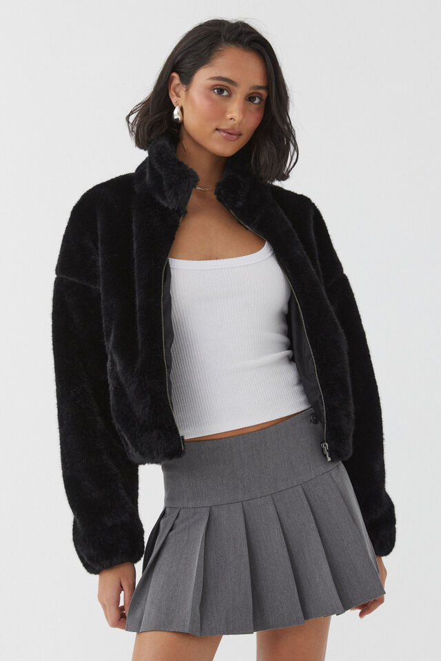 Brooke Cropped Faux Fur Jacket, BLACK