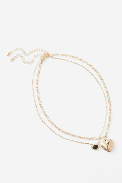 Stack Charm Necklace, GOLD/STONE & LOCKET