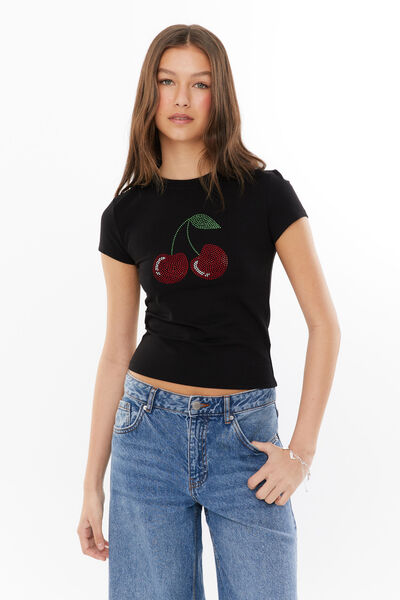 Brandi Graphic T Shirt, BLACK/DIAMANTE CHERRY