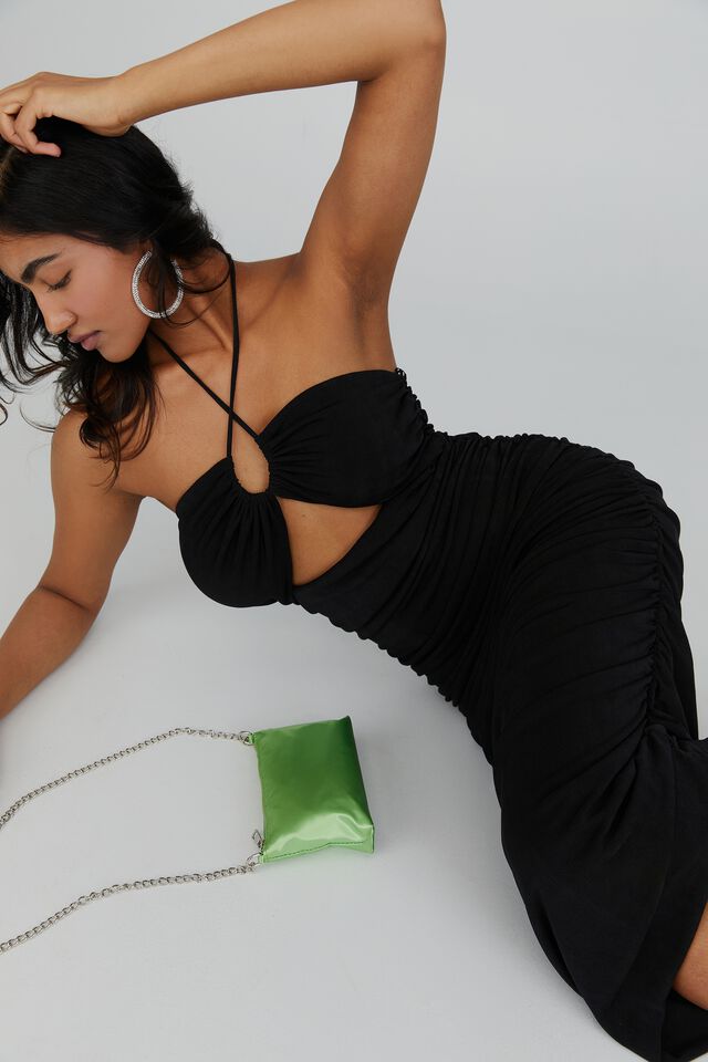 Jasmine Strappy Ruched Midi Dress, BLACK