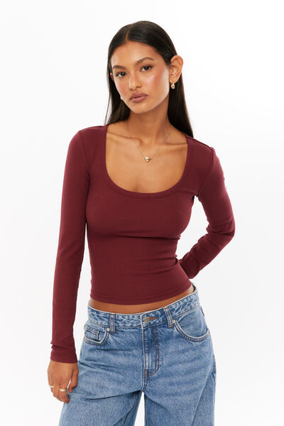Riri Scoop Neck Long Sleeve, DARK PLUM