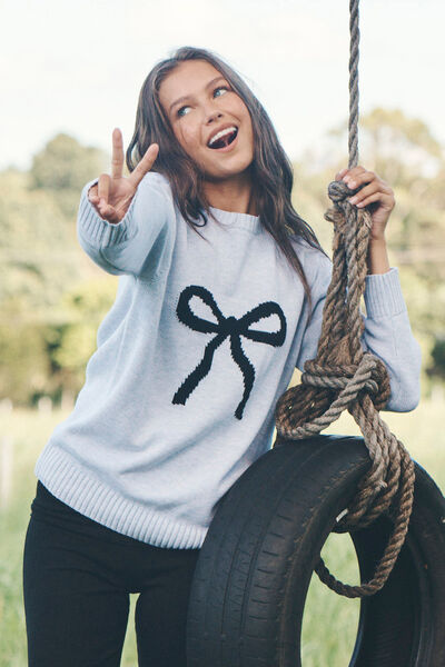 Bambie Crew Jumper, LIGHT GREY MARLE/BOW