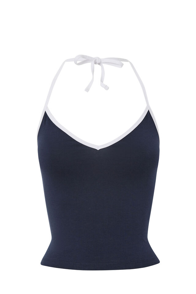 Khloe V Neck Halter Top, NAVY/WHITE BIND