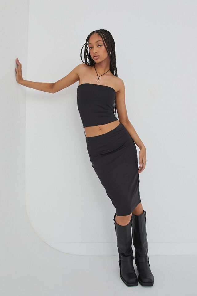 Luxe Hipster Midi Skirt, BLACK