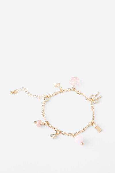 Charm Bracelet, GOLD/MIXED PINK CHARMS