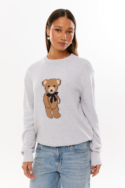 Bambie Crew Jumper, GREY MARLE/TEDDY BOW