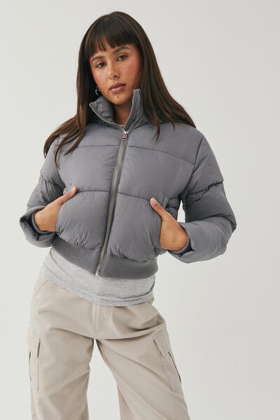 Recycled Cropped Puffer Jacket, CEMENT GREY