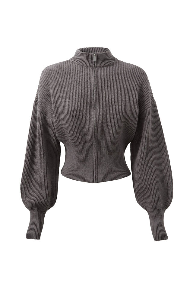Daisy Zip Through Knit Bomber, CHROME GREY