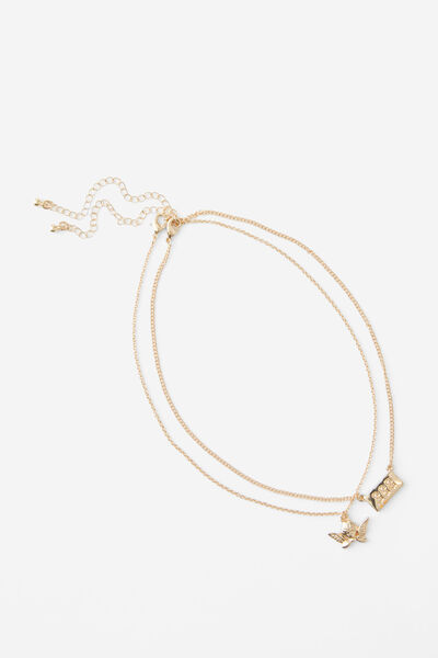 Stack Charm Necklace, GOLD/ANGEL & 333