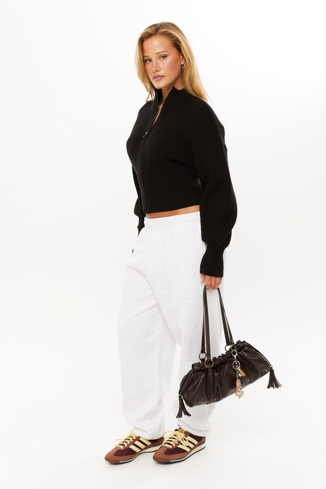 Daisy Zip Through Knit Bomber, BLACK