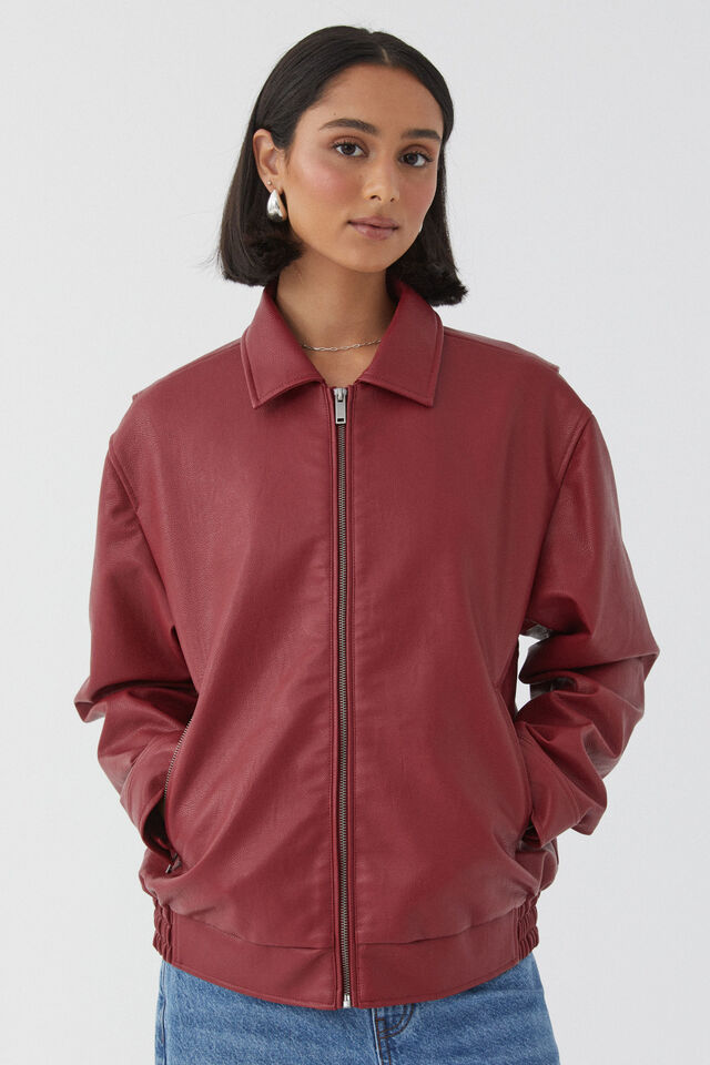 Faux Leather Collared Bomber Jacket, CHERRY RED