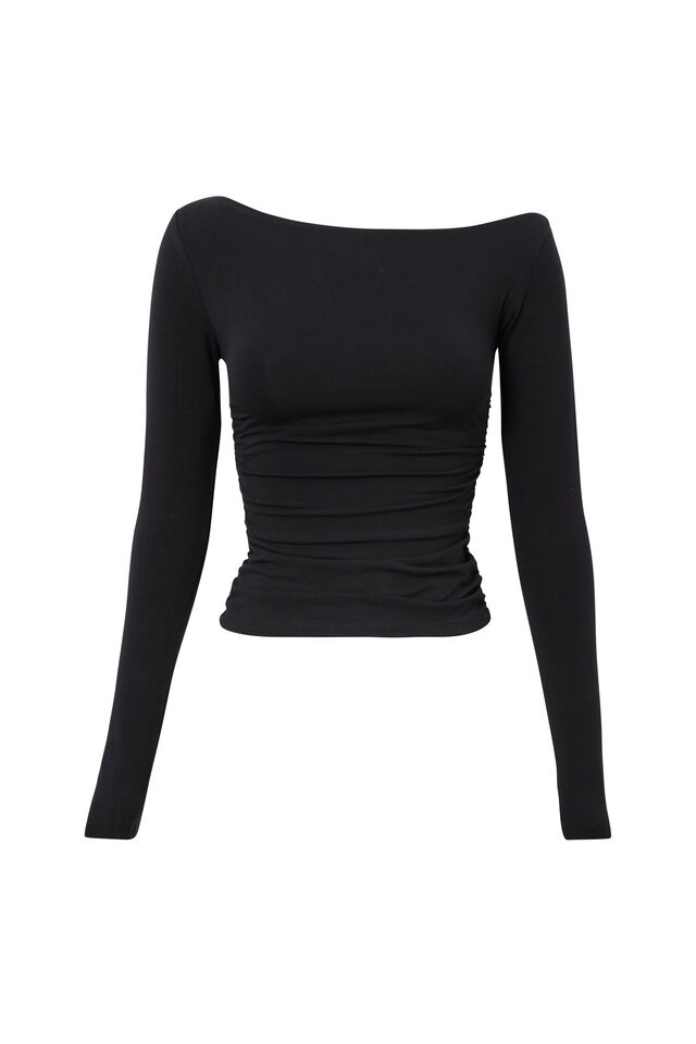 Soft Long Sleeve Off Shoulder Top, BLACK