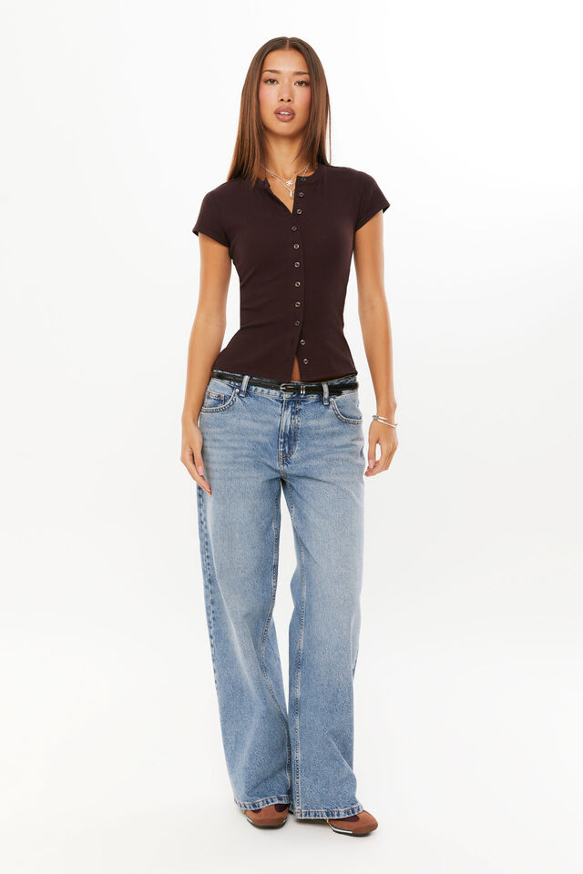 Lexy Rib Button Through Tee, DEEP CHOC