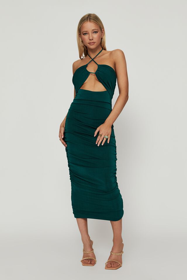 Jasmine Strappy Ruched Midi Dress, PINE GREEN