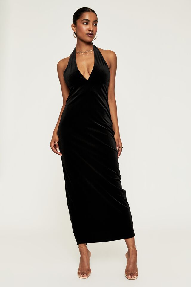 Hayley Deep V Maxi Dress, BLACK