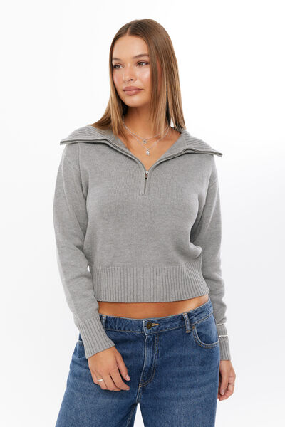 Jacqui Quarter Zip Knit Jumper, GREY MARLE