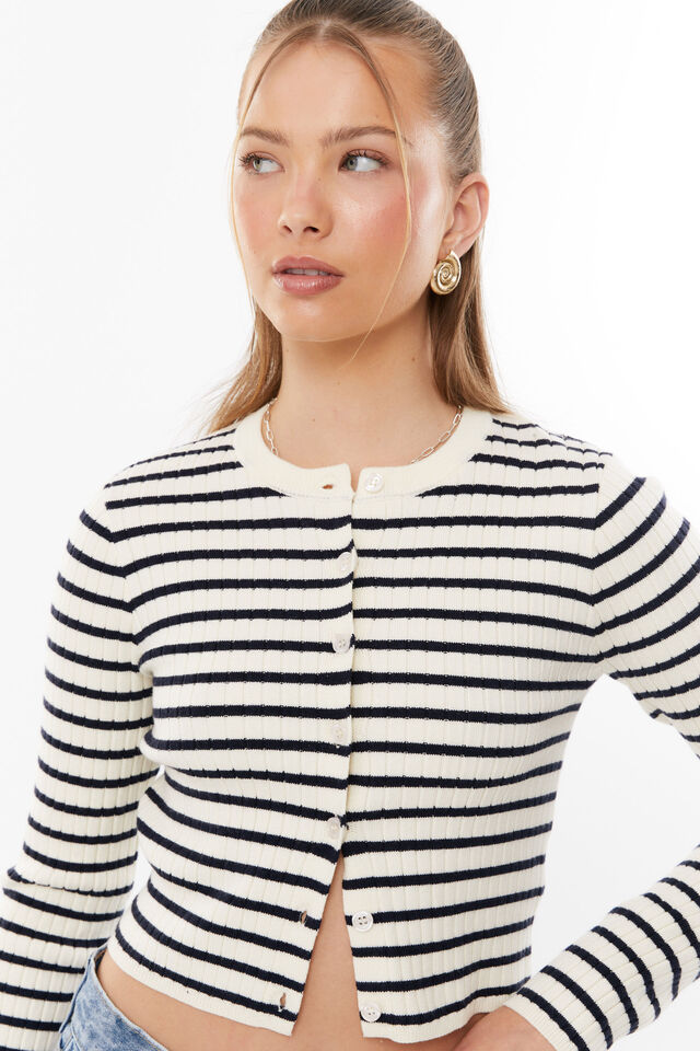 Kendal Cropped Knit Cardigan, VANILLA BEAN/VARSITY NAVY STRIPE