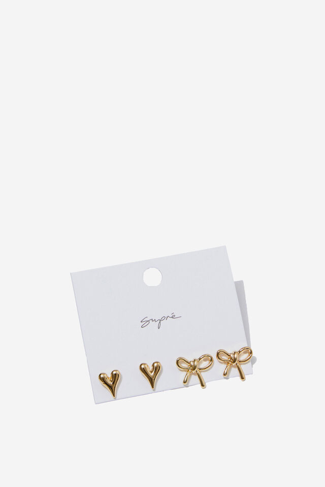 Bow & Heart Earring Pack, GOLD