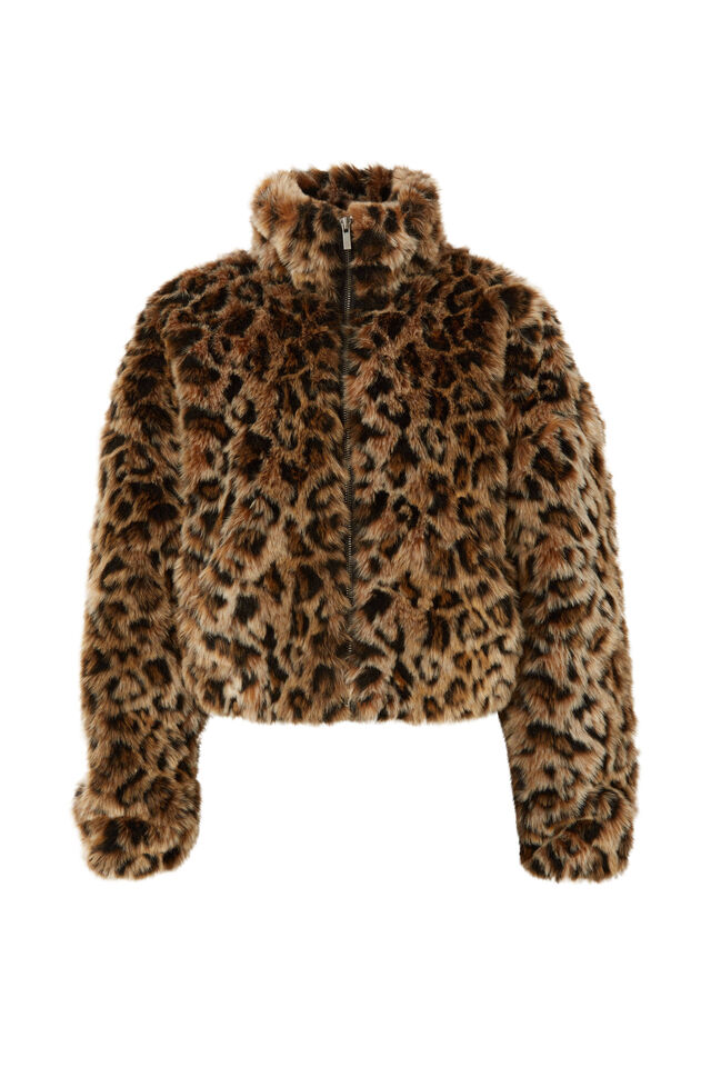 Brooke Cropped Faux Fur Jacket, LEOPARD