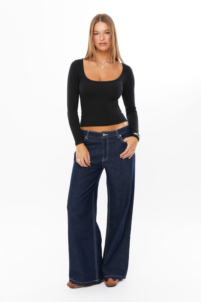 Riri Scoop Neck Long Sleeve Top, BLACK