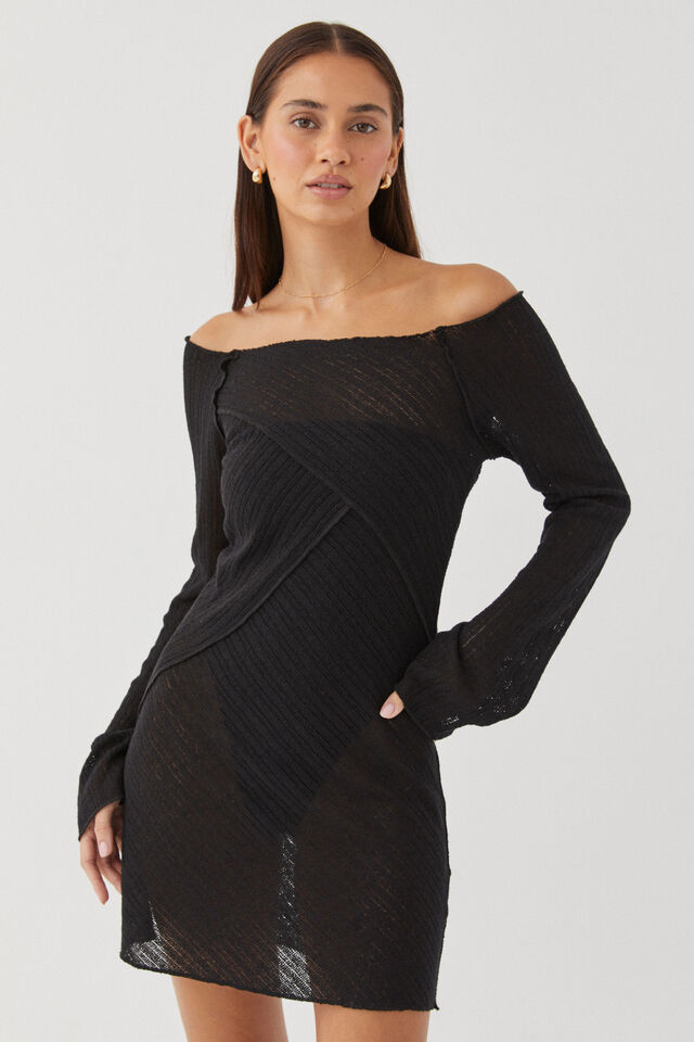 Jessa Bell Sleeve Knit Mini Dress, BLACK