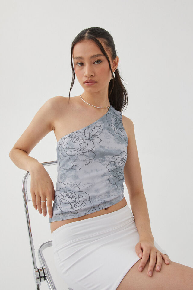 Mesh Graphic One Shoulder Top, GREY/ROSES